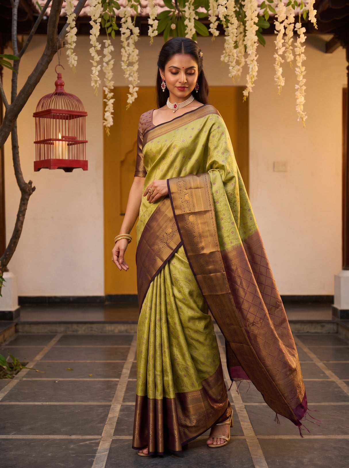 MIMOSA Olive Kanjivaram Art Silk Saree — pose 9 styling detail