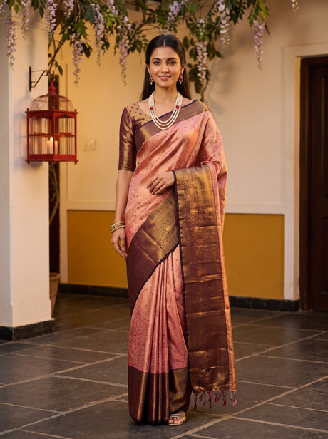 MIMOSA Pink Kanjivaram Art Silk Saree — front view on mannequin