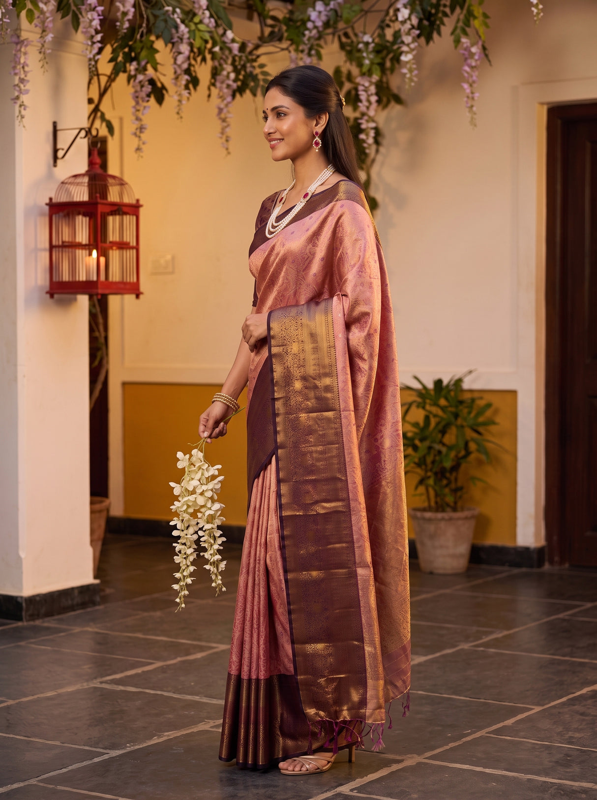 MIMOSA Pink Kanjivaram Art Silk Saree — pose 3 styling detail