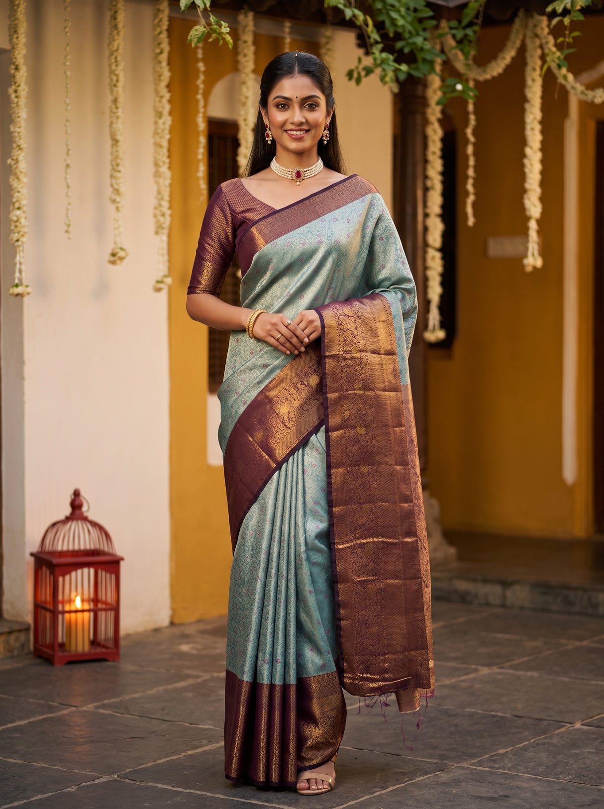 MIMOSA Sapphire Kanjivaram Art Silk Saree — front view on mannequin