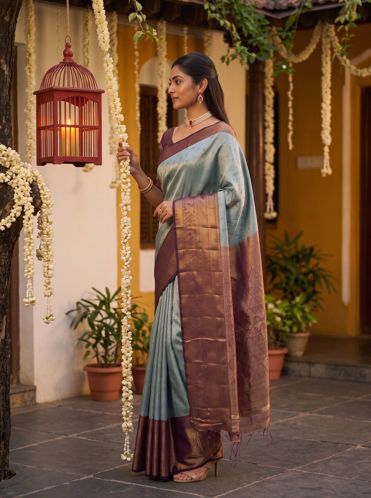 MIMOSA Sapphire Kanjivaram Art Silk Saree — pose 3 styling detail