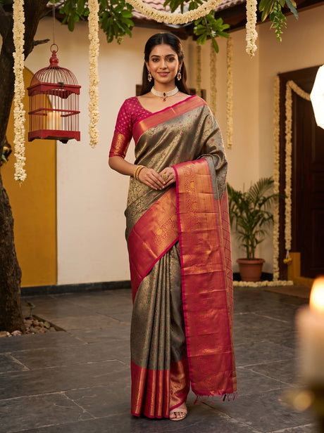 MIMOSA Violet Kanjivaram Art Silk Saree — front view on mannequin