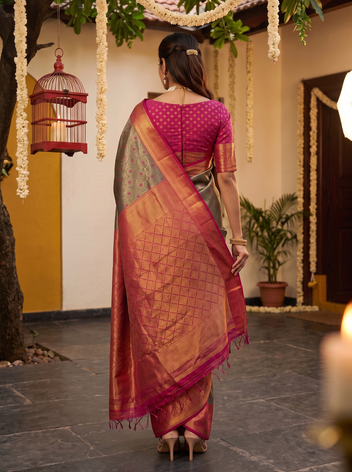 MIMOSA Violet Kanjivaram Art Silk Saree — pose 2 styling detail