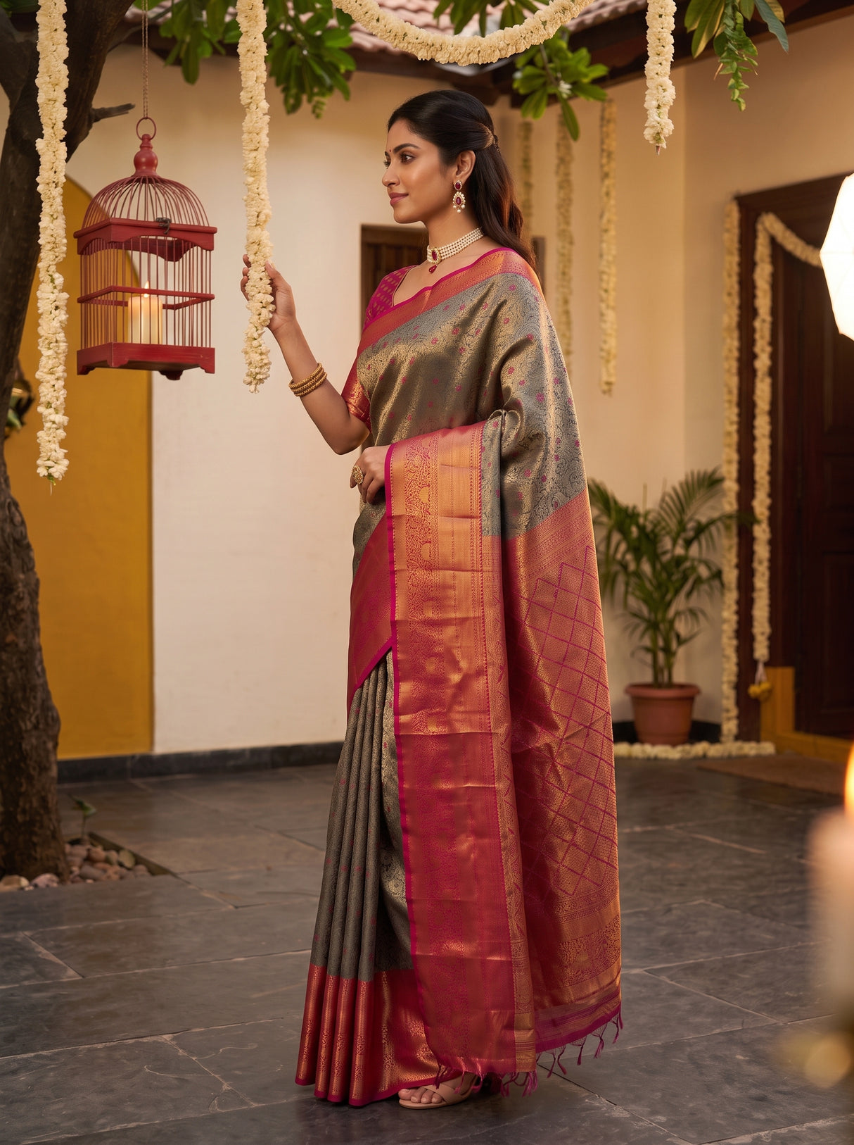 MIMOSA Violet Kanjivaram Art Silk Saree — pose 3 styling detail