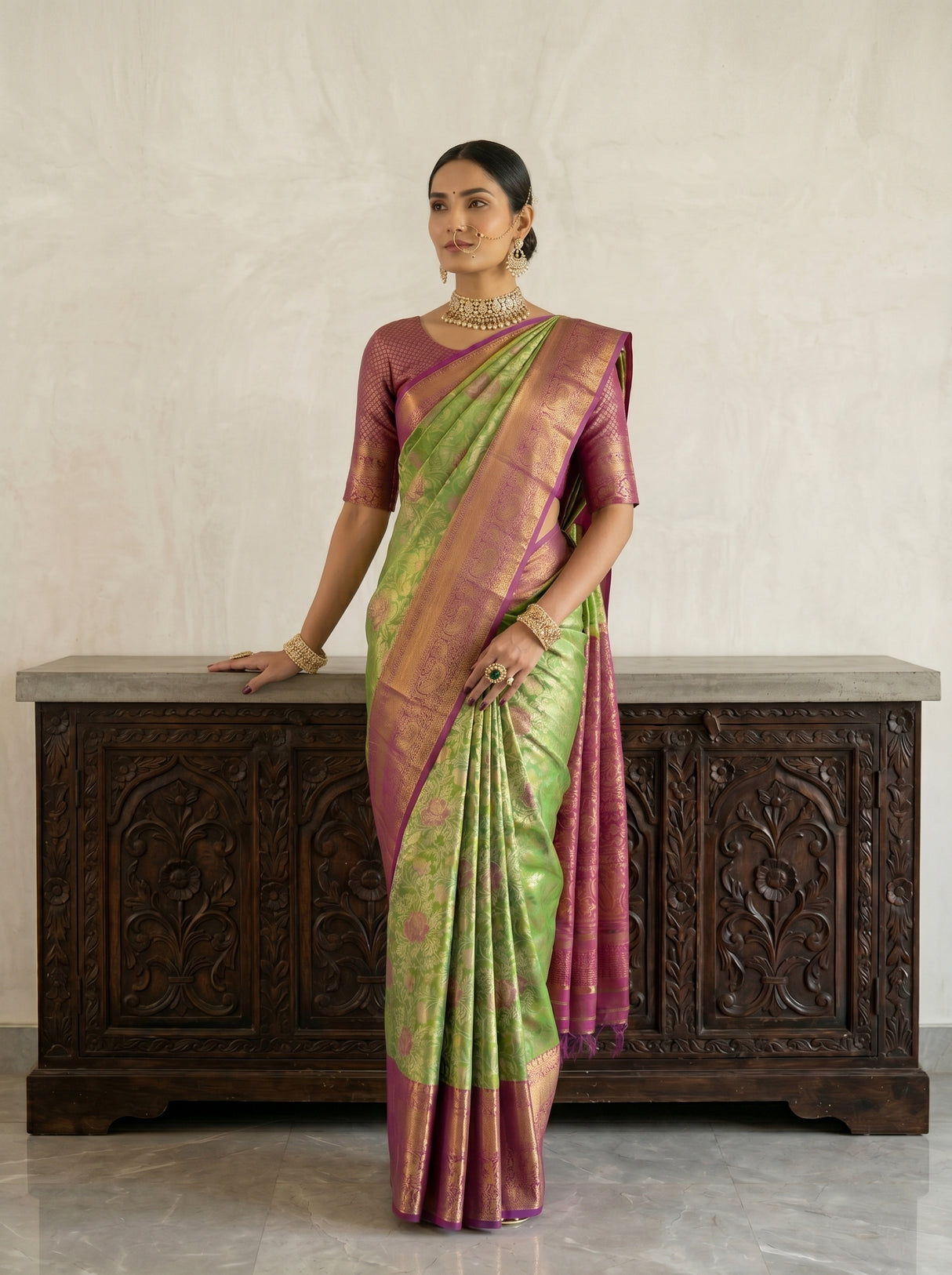 MIMOSA Green Kanjivaram Art Silk Saree — floor detail