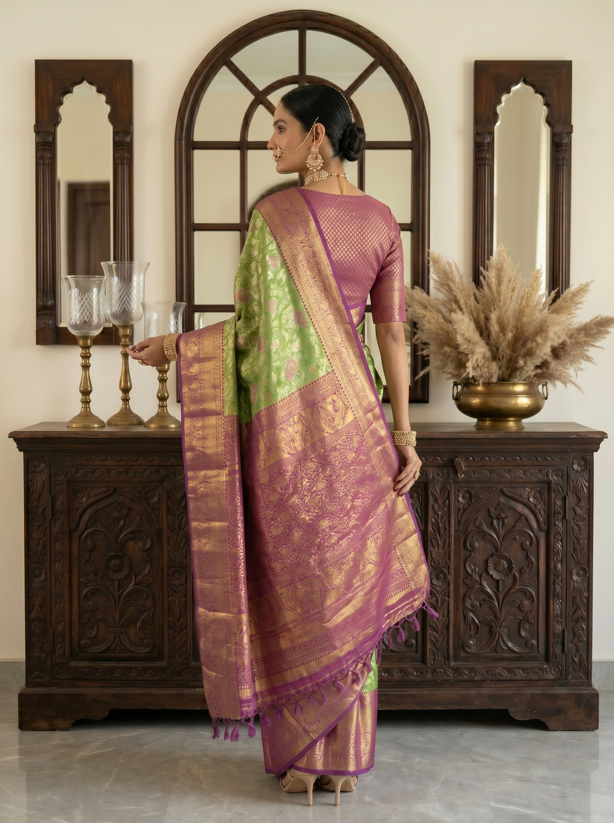 MIMOSA Green Kanjivaram Art Silk Saree — background detail