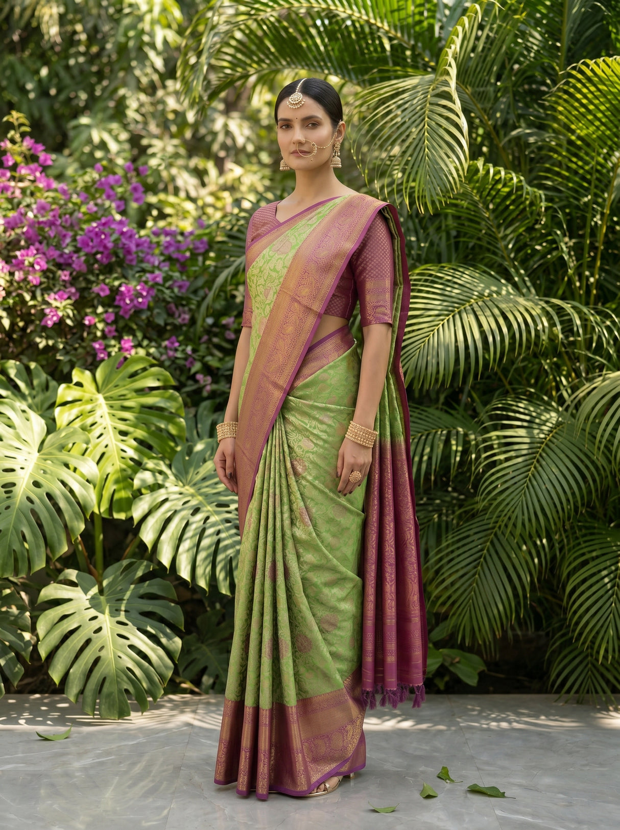 MIMOSA Green Kanjivaram Art Silk Saree — torso close-up