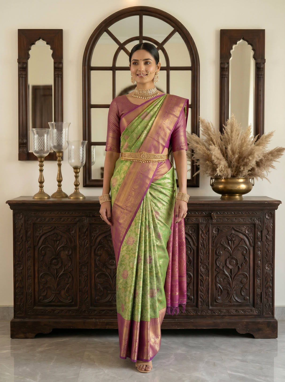 MIMOSA Green Kanjivaram Art Silk Saree — background detail