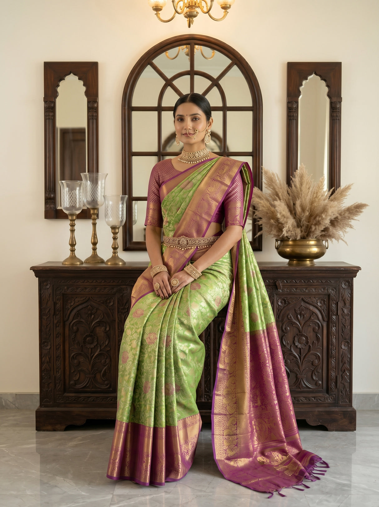 MIMOSA Green Kanjivaram Art Silk Saree — hands and drape close-up