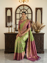MIMOSA Green Kanjivaram Art Silk Saree — hands and drape close-up