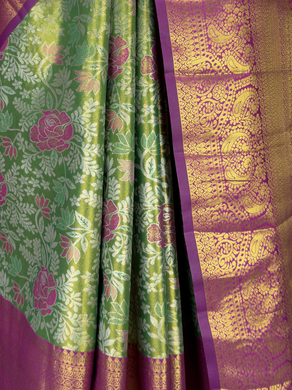 MIMOSA Green Kanjivaram Art Silk Saree — floor and drape detail