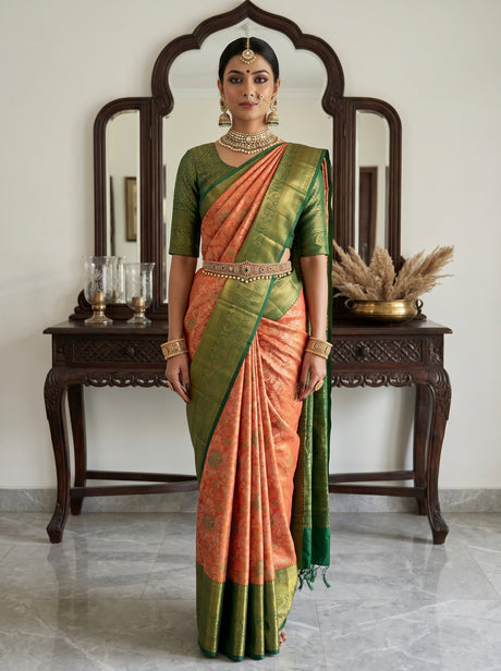 MIMOSA Orange Kanjivaram Art Silk Saree — model lifestyle pose
