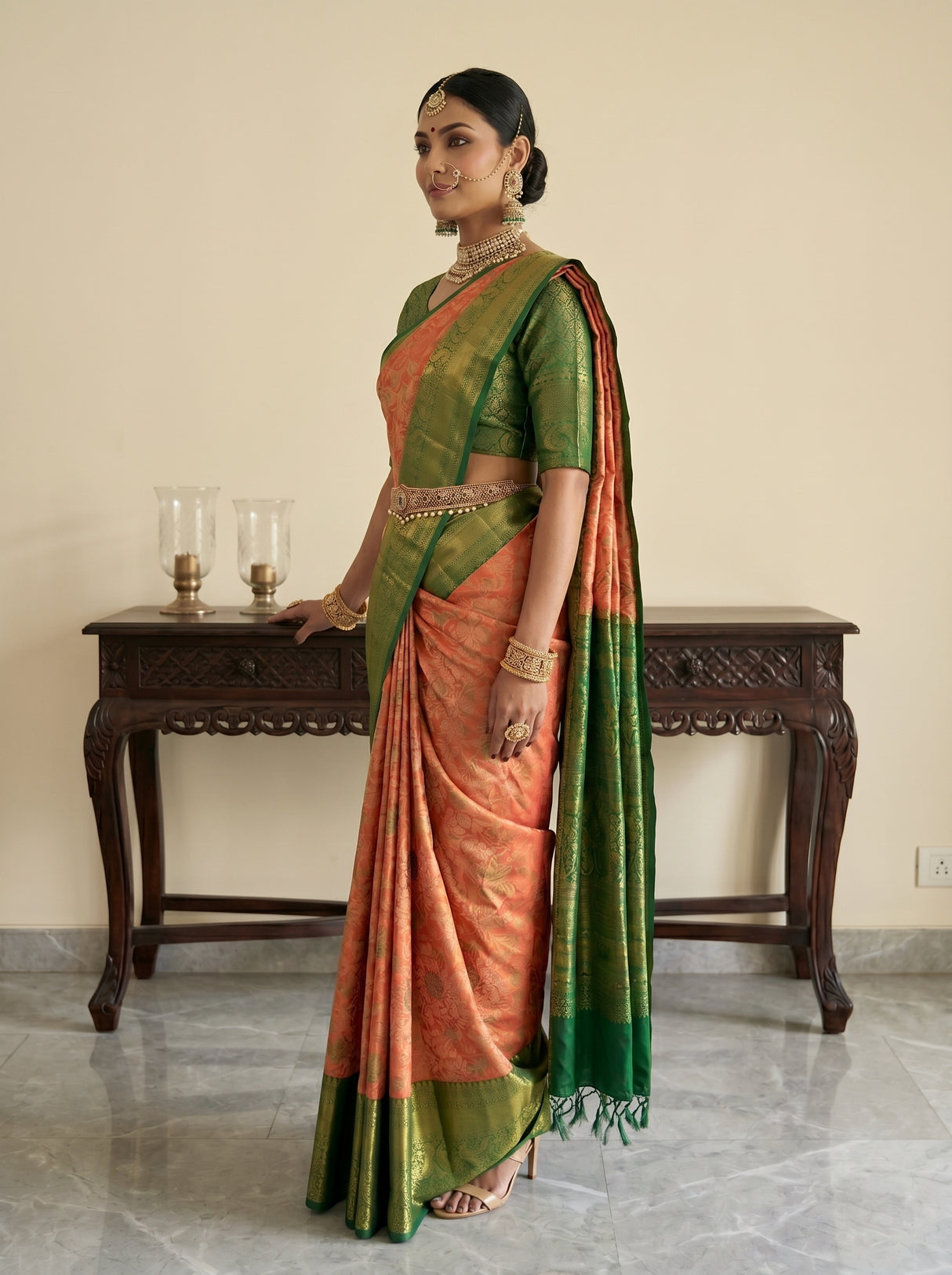 MIMOSA Orange Kanjivaram Art Silk Saree — model close-up