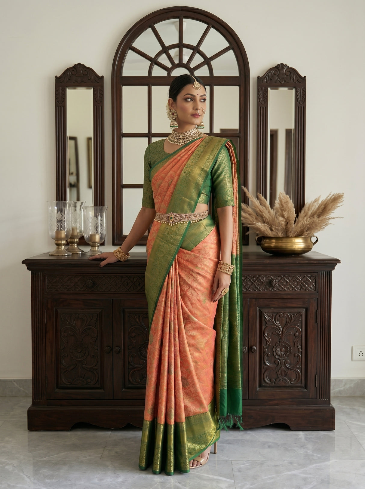 MIMOSA Orange Kanjivaram Art Silk Saree — background detail