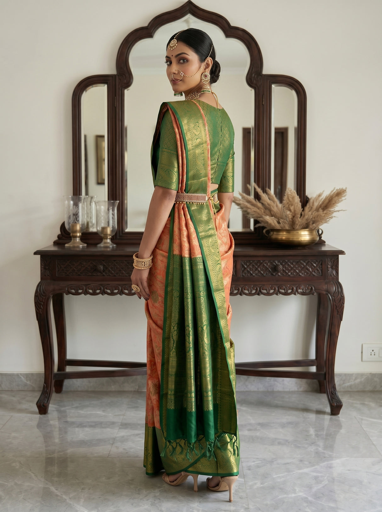 MIMOSA Orange Kanjivaram Art Silk Saree — background detail