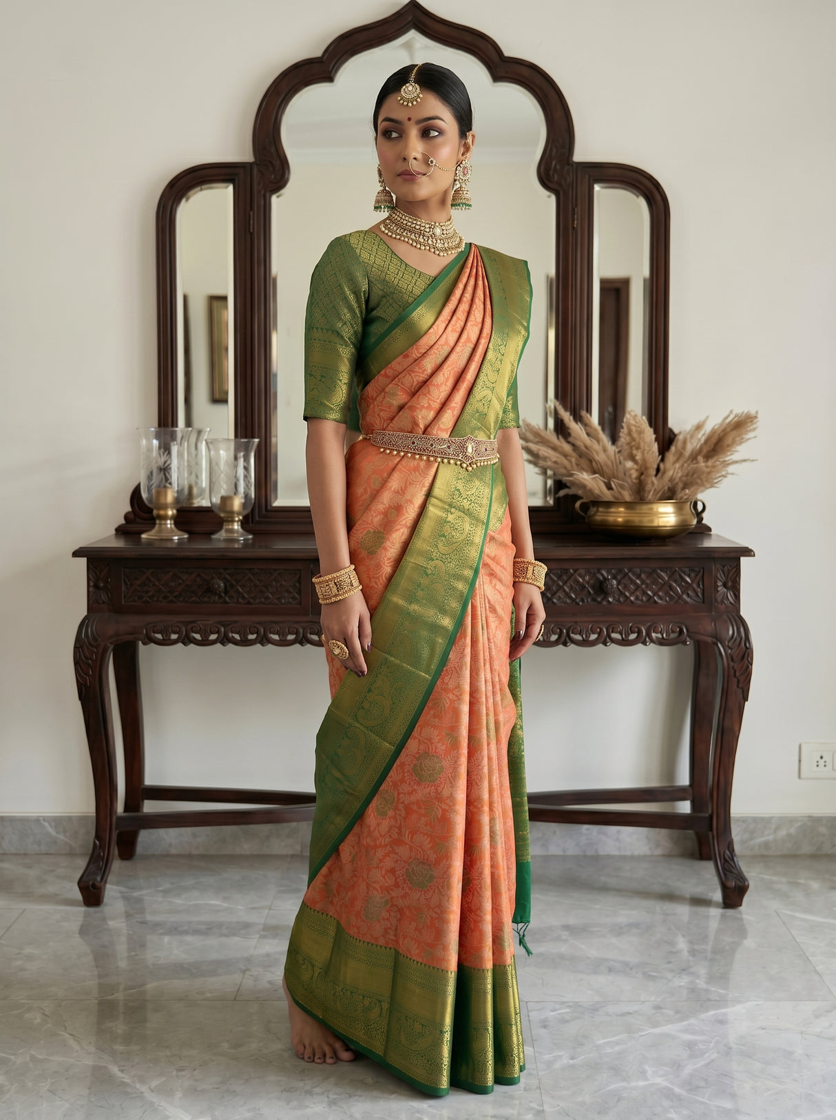 MIMOSA Orange Kanjivaram Art Silk Saree — hands and drape close-up