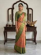 MIMOSA Orange Kanjivaram Art Silk Saree — hands and drape close-up