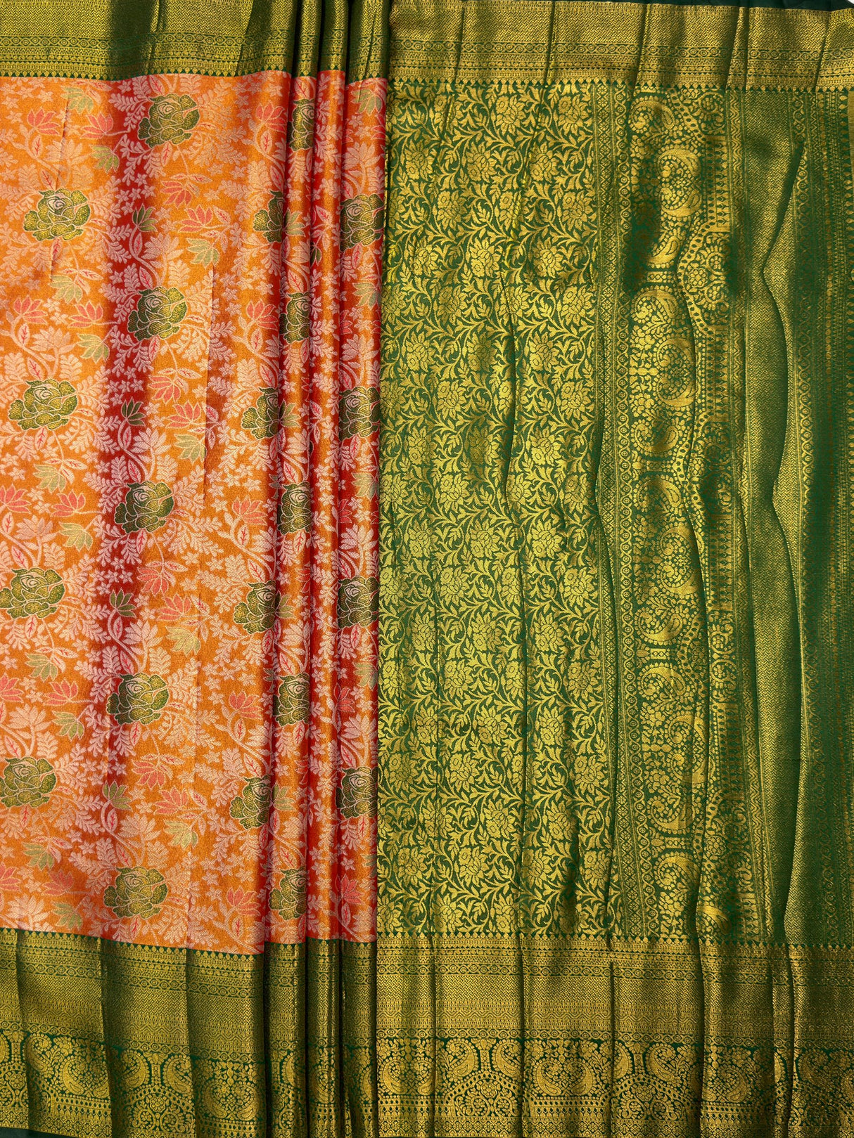 MIMOSA Orange Kanjivaram Art Silk Saree — floor and drape detail