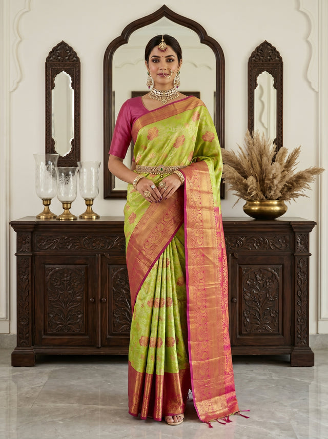 MIMOSA Parrot Green Kanjivaram Art Silk Saree — model lifestyle pose