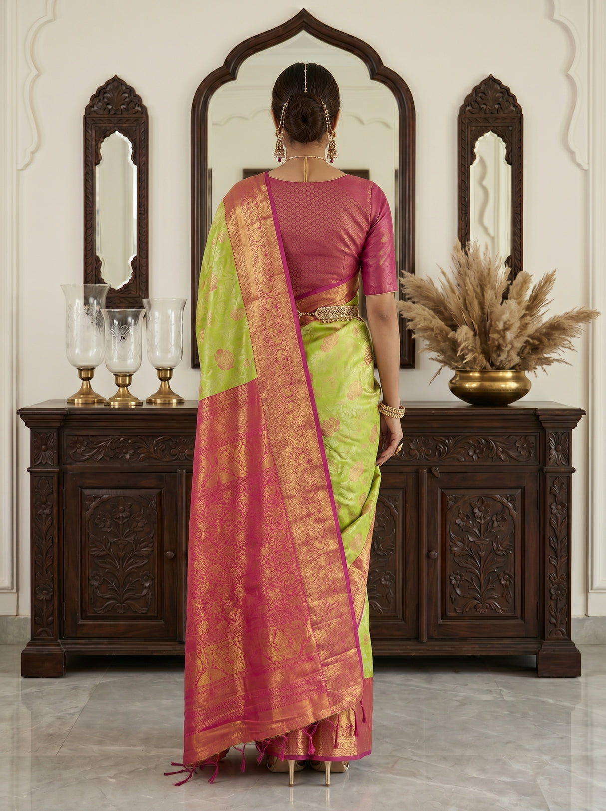 MIMOSA Parrot Green Kanjivaram Art Silk Saree — background detail