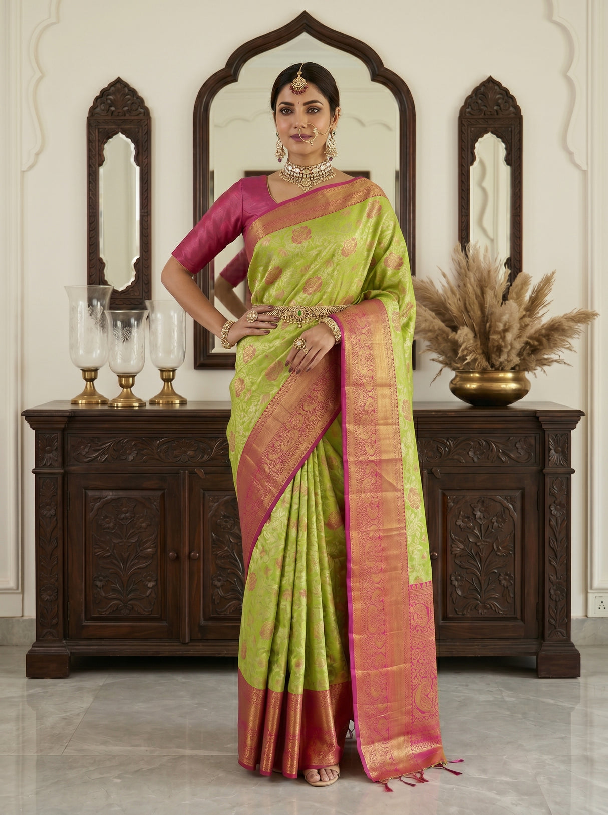 MIMOSA Parrot Green Kanjivaram Art Silk Saree — background detail
