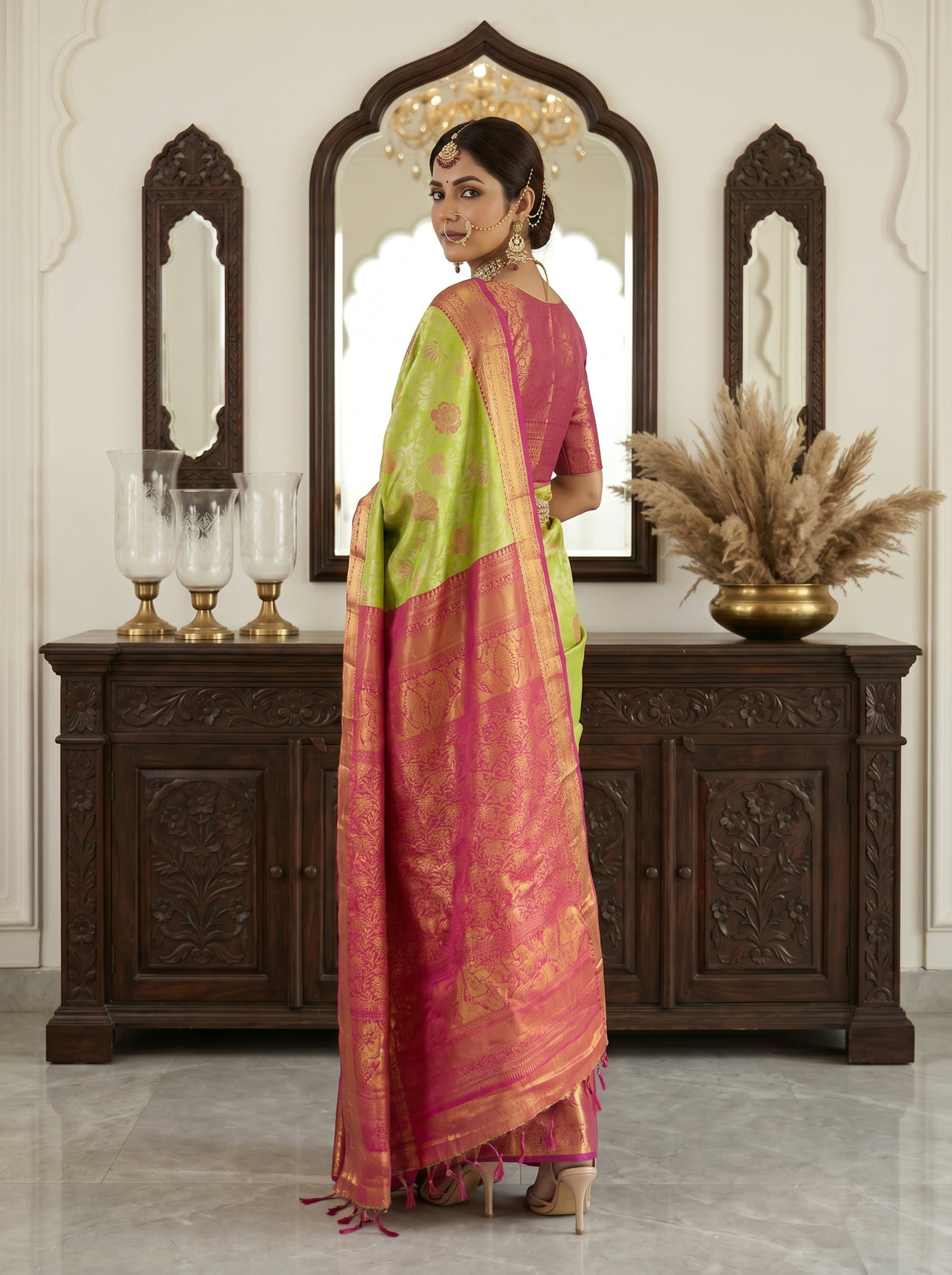 MIMOSA Parrot Green Kanjivaram Art Silk Saree — cabinet close-up