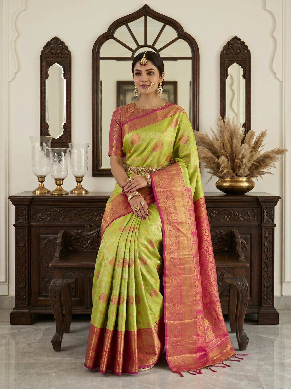 MIMOSA Parrot Green Kanjivaram Art Silk Saree — hands and drape close-up