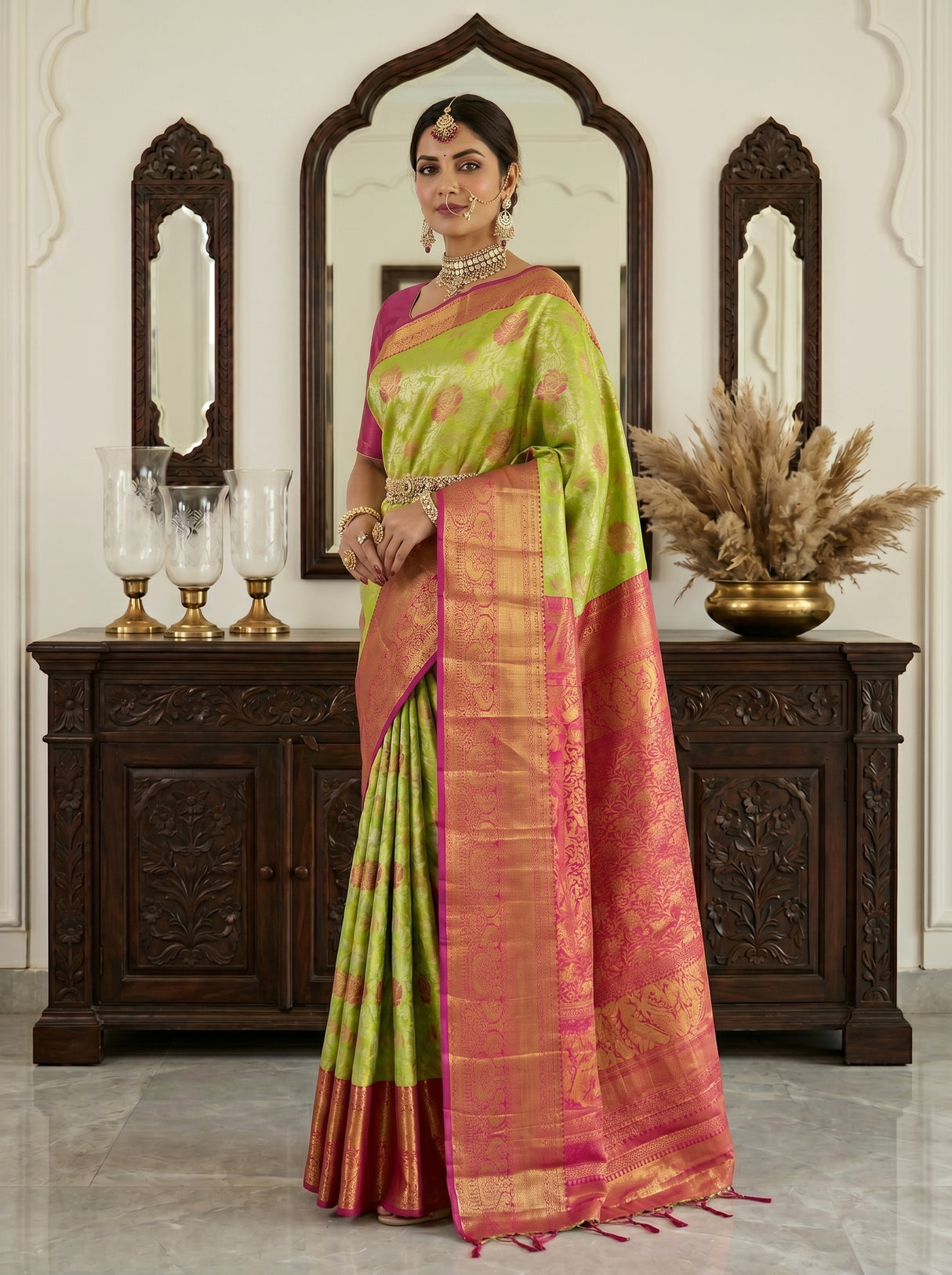 MIMOSA Parrot Green Kanjivaram Art Silk Saree — cabinet detail