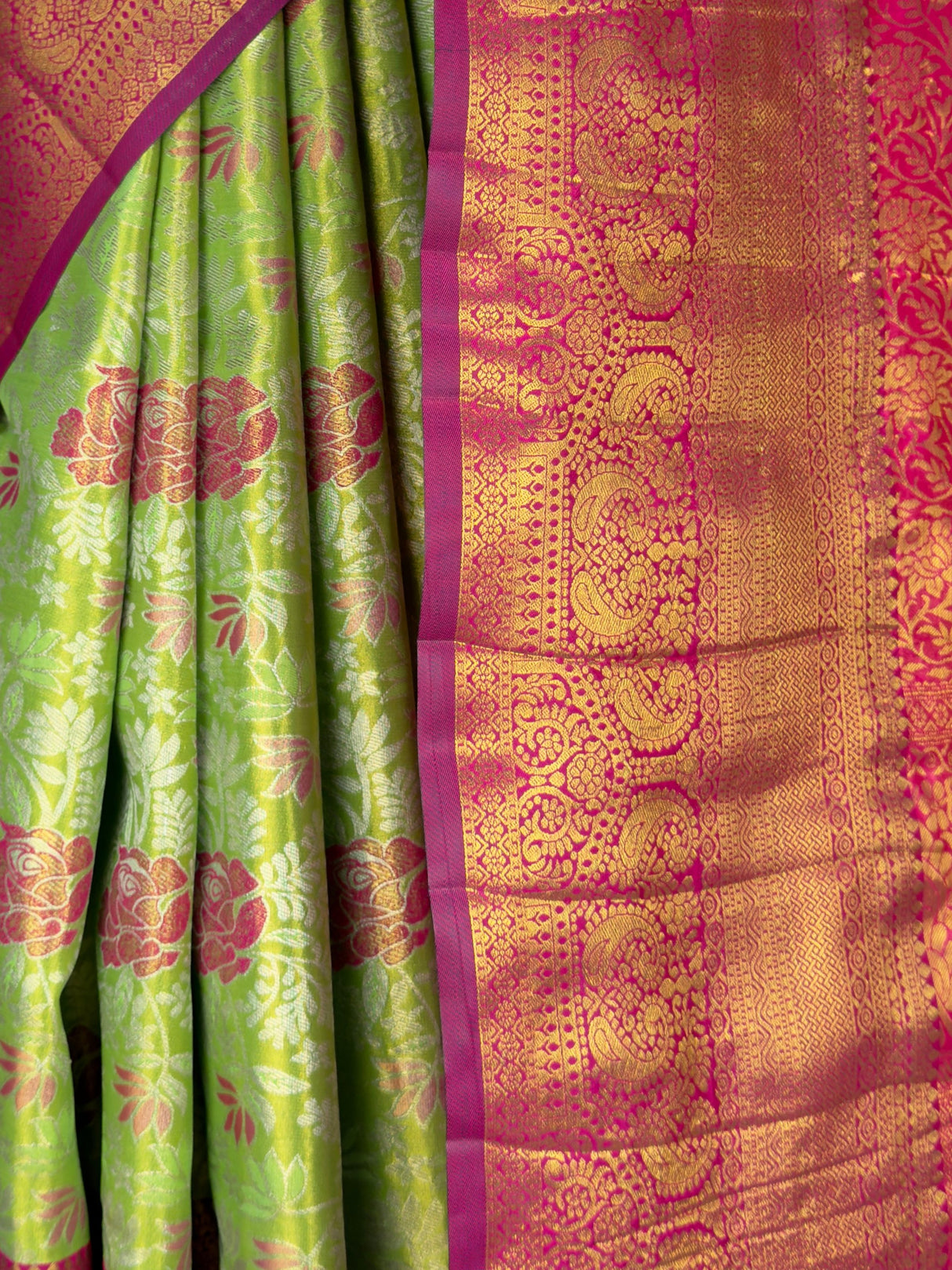 MIMOSA Parrot Green Kanjivaram Art Silk Saree — lower drape detail