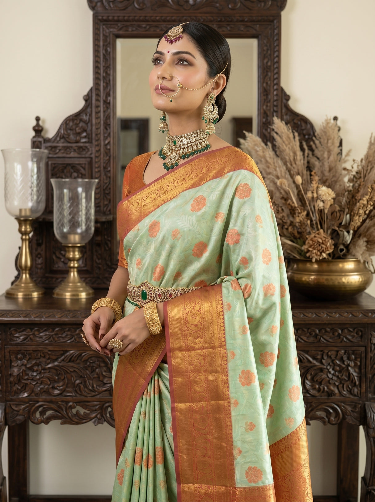 MIMOSA Pista Kanjivaram Art Silk Saree — floor detail