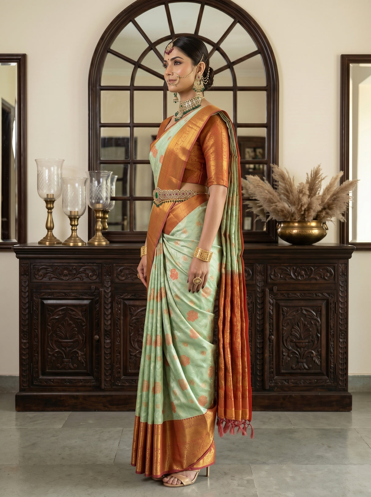 MIMOSA Pista Kanjivaram Art Silk Saree — model close-up