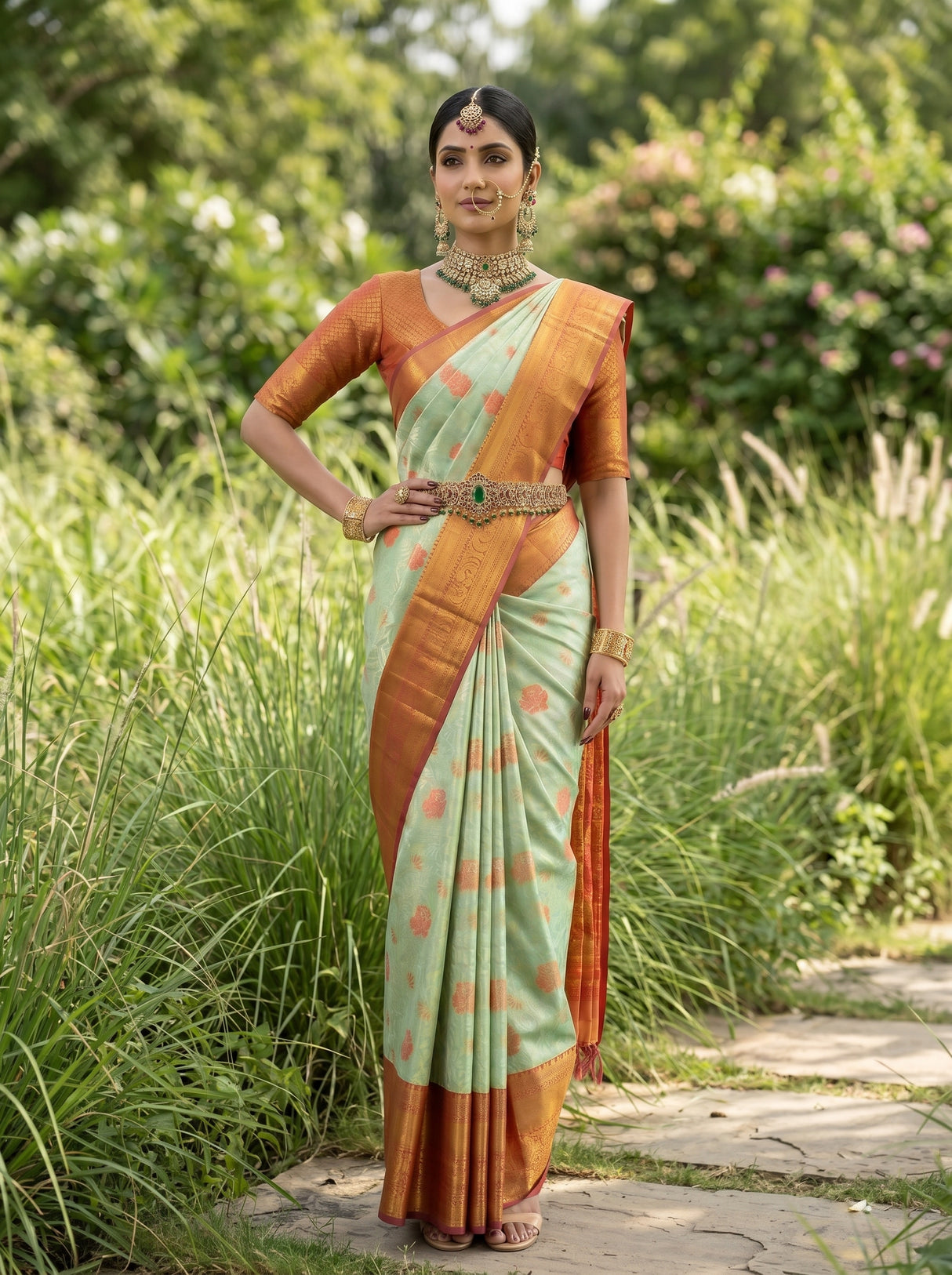 MIMOSA Pista Kanjivaram Art Silk Saree — background detail