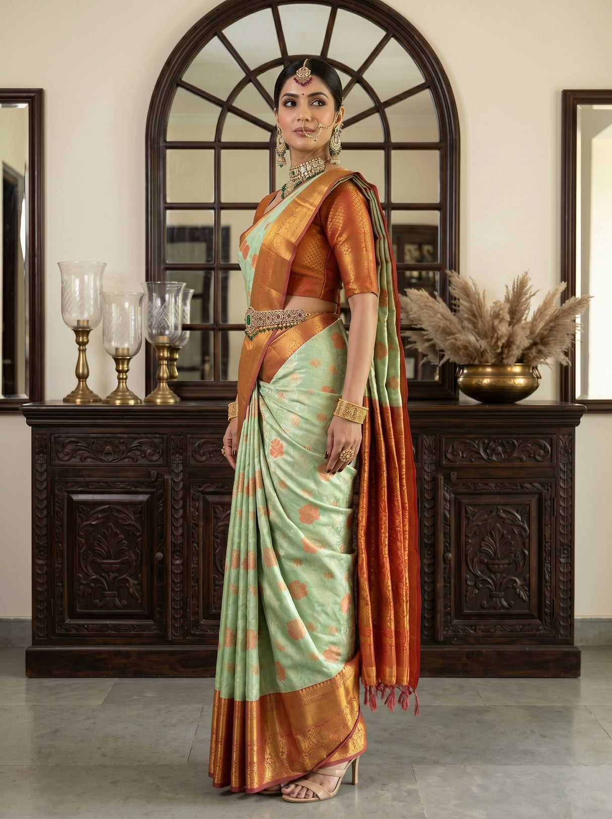 MIMOSA Pista Kanjivaram Art Silk Saree — torso close-up