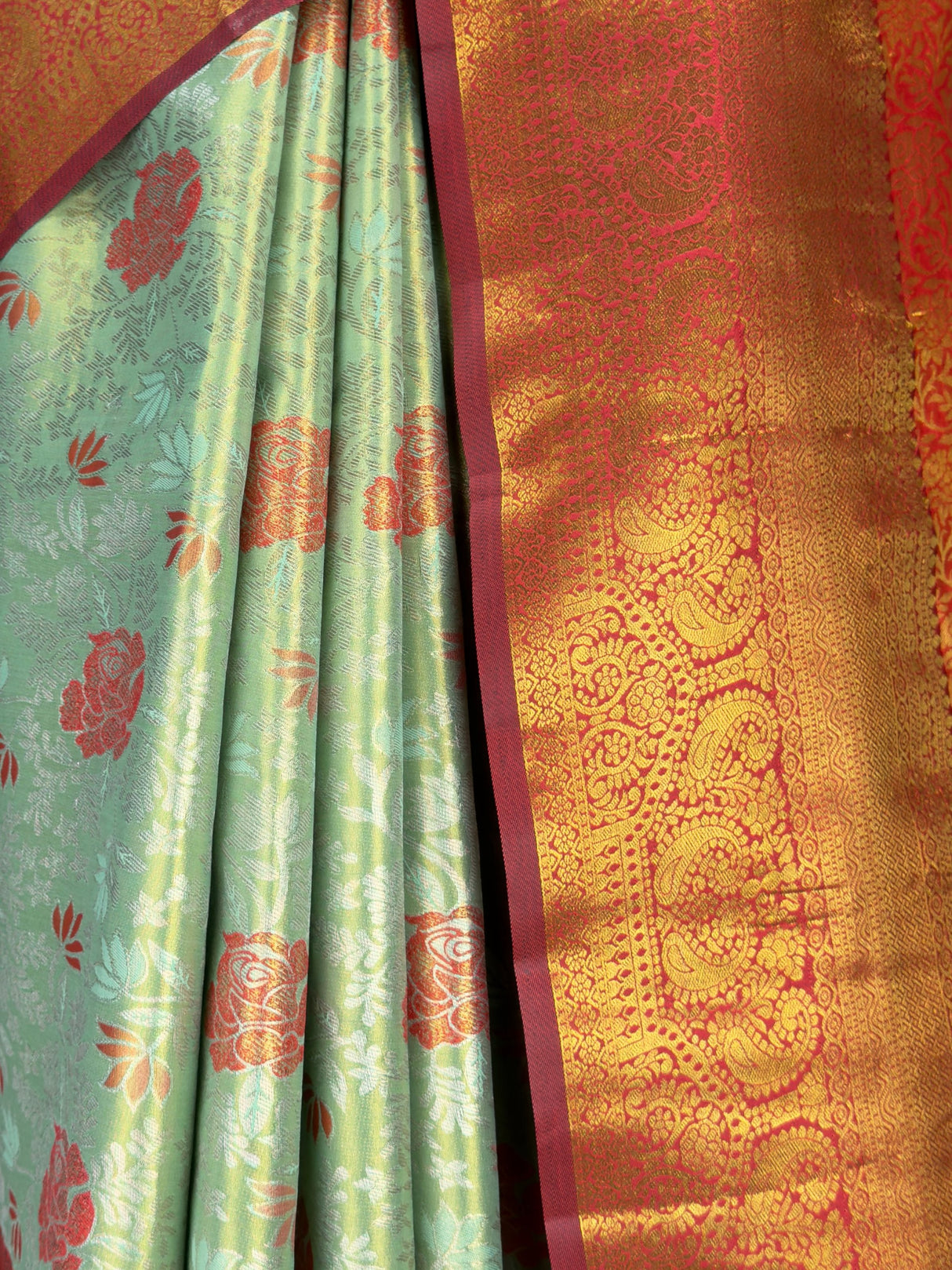 MIMOSA Pista Kanjivaram Art Silk Saree — floor and drape detail