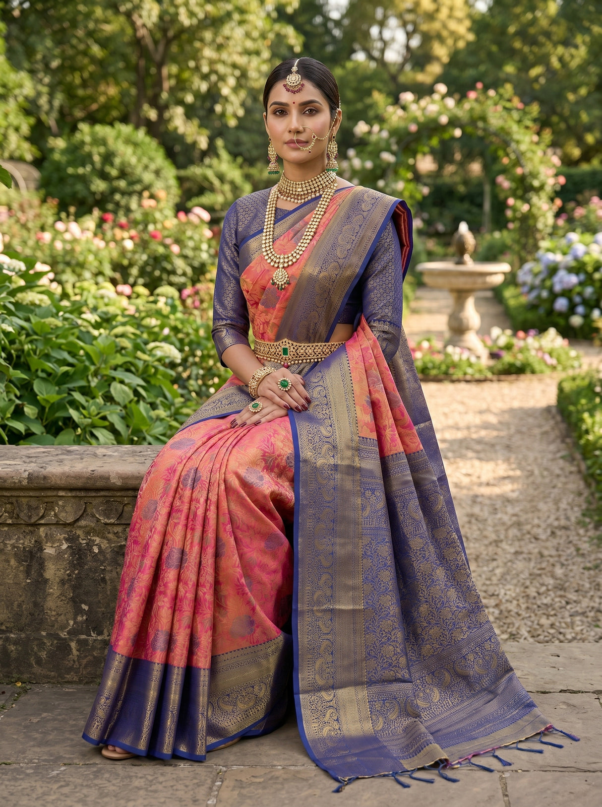 MIMOSA Rani Kanjivaram Art Silk Saree — hands and drape close-up
