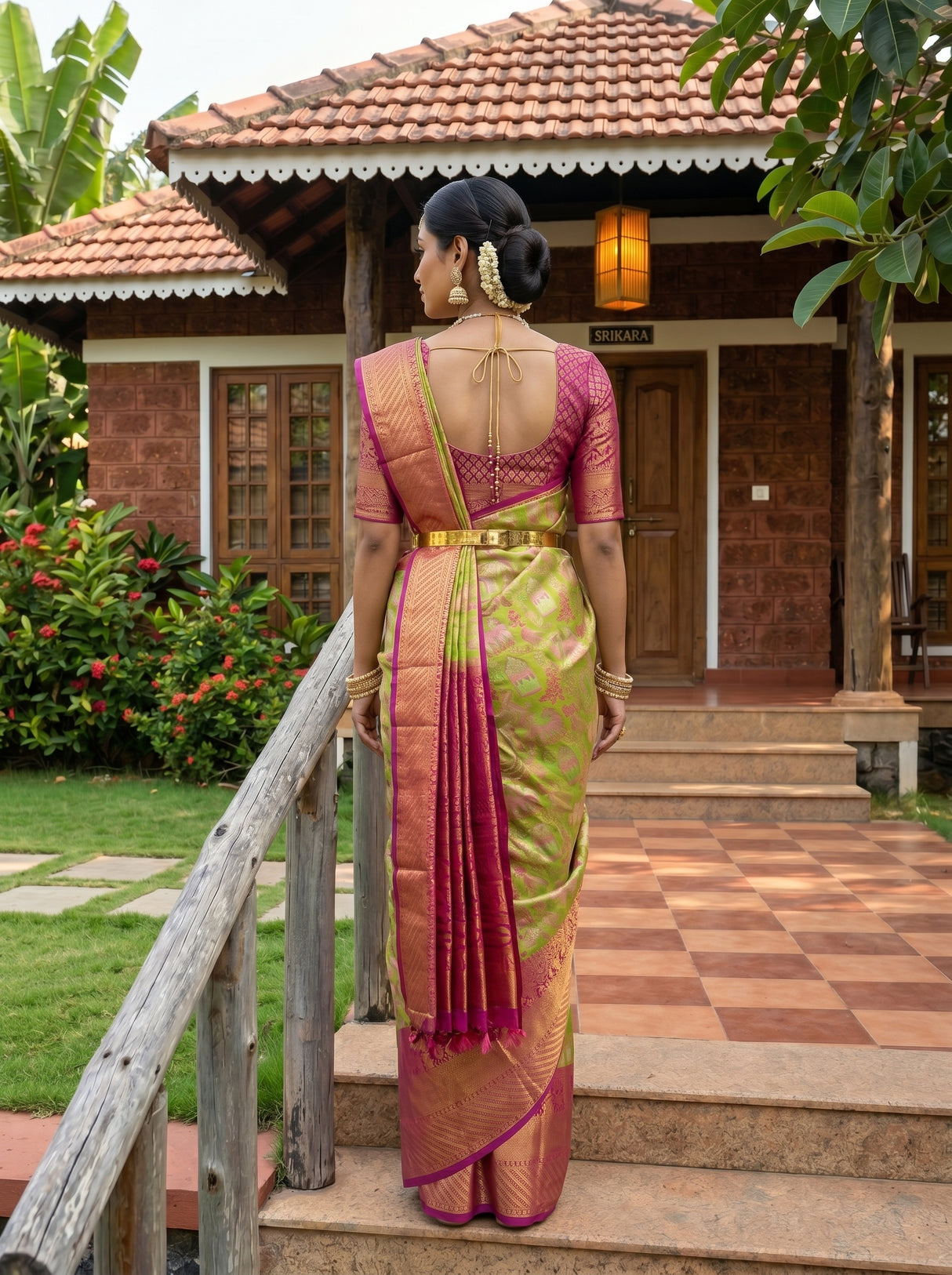 MIMOSA Parrot Green Saree Saree — pose 2 styling detail