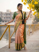 MIMOSA Orange Kanjivaram Art Silk Saree — close-up of model's hands and waist belt