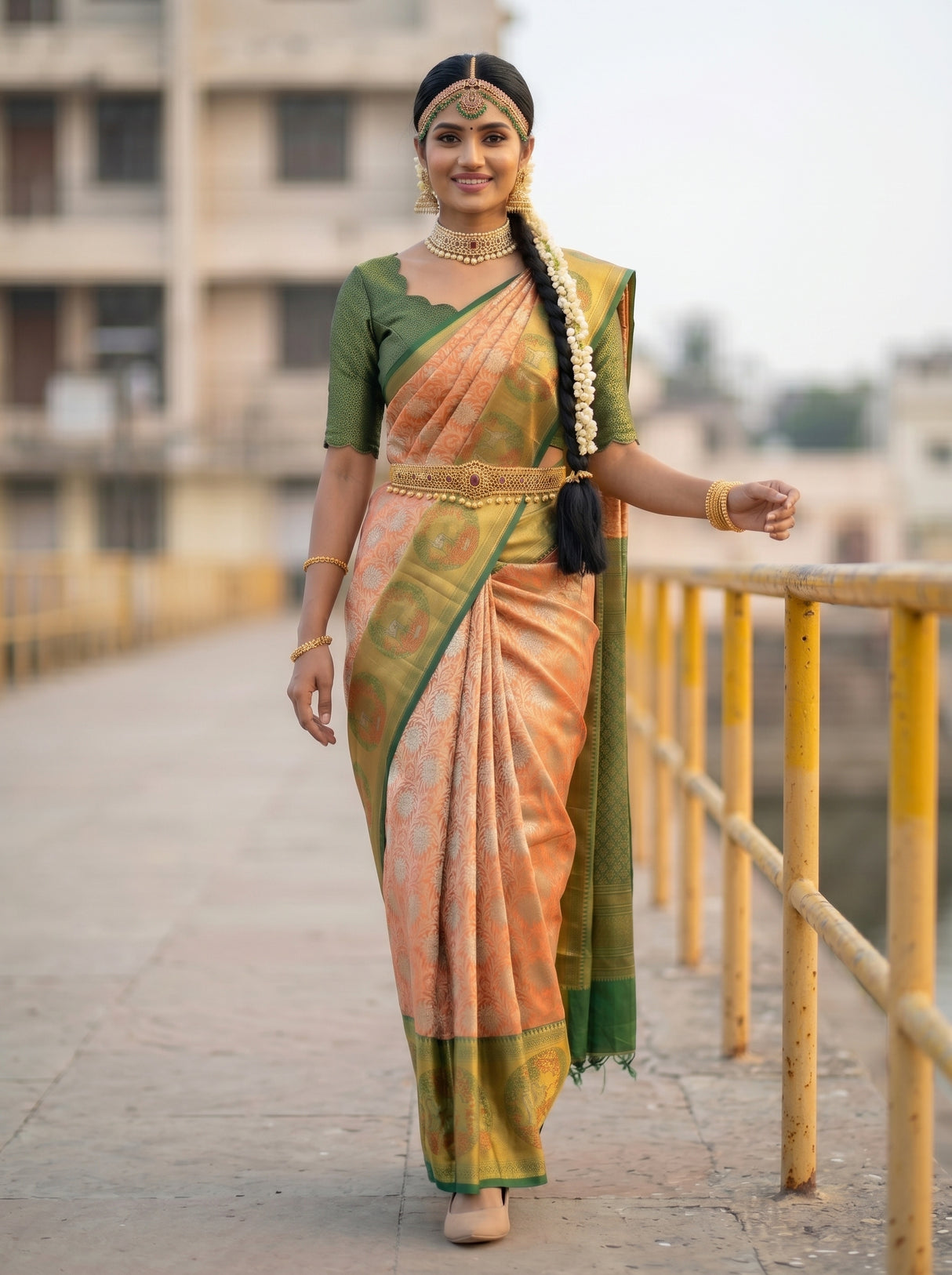 MIMOSA Orange Kanjivaram Art Silk Saree — close-up of model's hand on railing