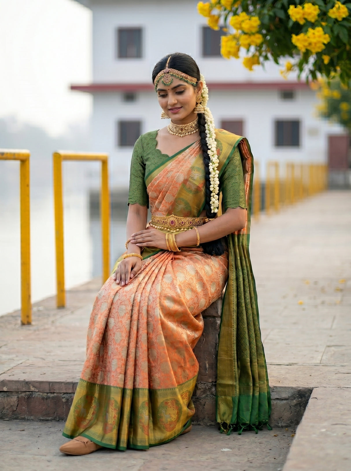 MIMOSA Orange Kanjivaram Art Silk Saree — close-up of saree pleats