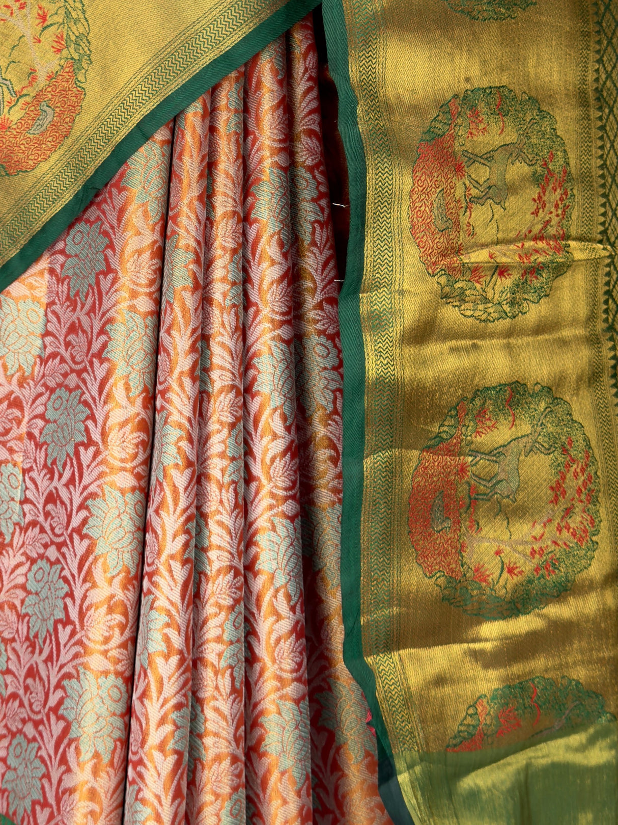 MIMOSA Orange Kanjivaram Art Silk Saree — close-up of railing and saree