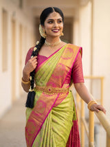 MIMOSA Parrot Green Kanjivaram Art Silk Saree — close-up of saree hem