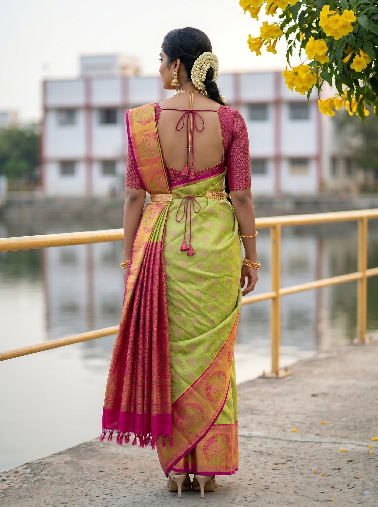 MIMOSA Parrot Green Kanjivaram Art Silk Saree — close-up of model's face and jewelry
