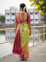 MIMOSA Parrot Green Kanjivaram Art Silk Saree — close-up of model's face and jewelry
