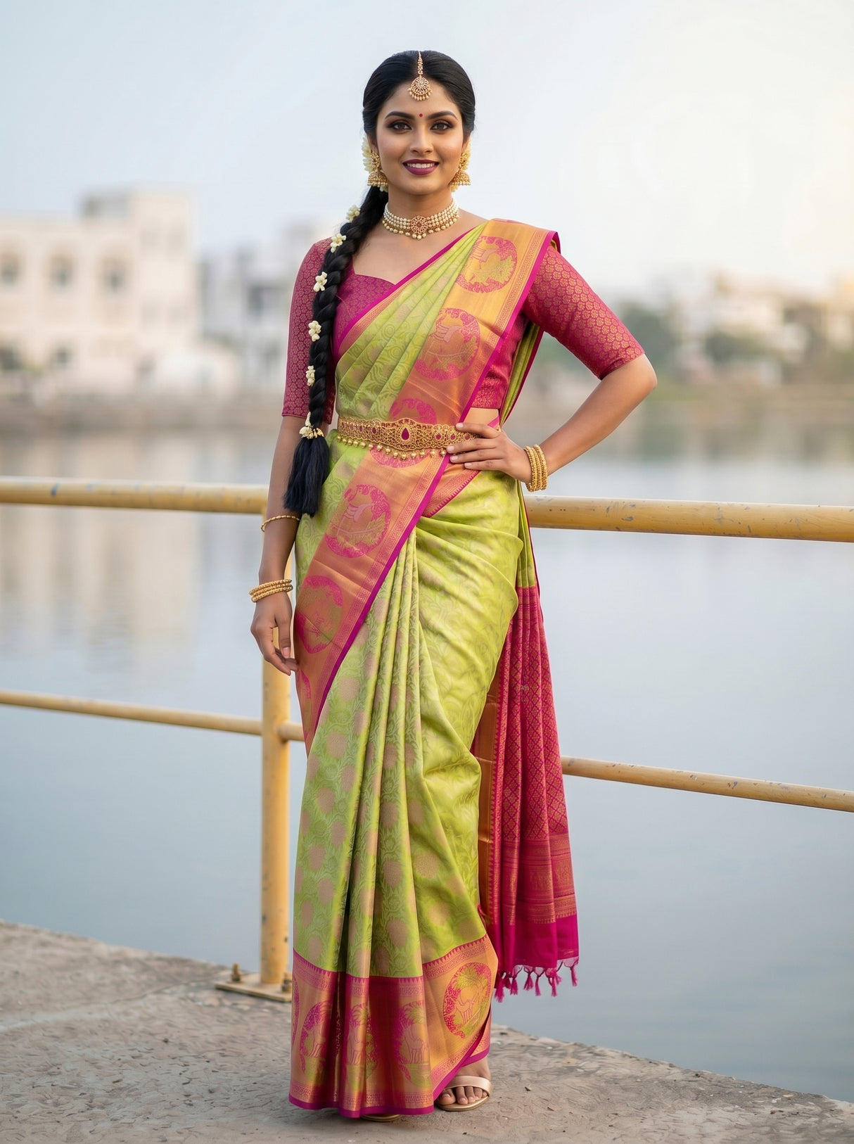 MIMOSA Parrot Green Kanjivaram Art Silk Saree — close-up of model's midsection