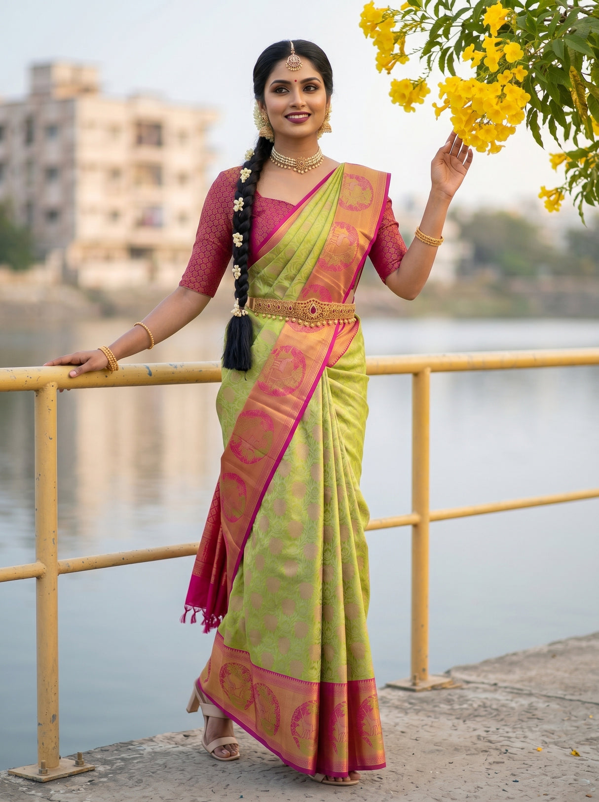 MIMOSA Parrot Green Kanjivaram Art Silk Saree — close-up of model's hands and waist belt