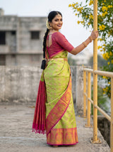 MIMOSA Parrot Green Kanjivaram Art Silk Saree — close-up of saree drape