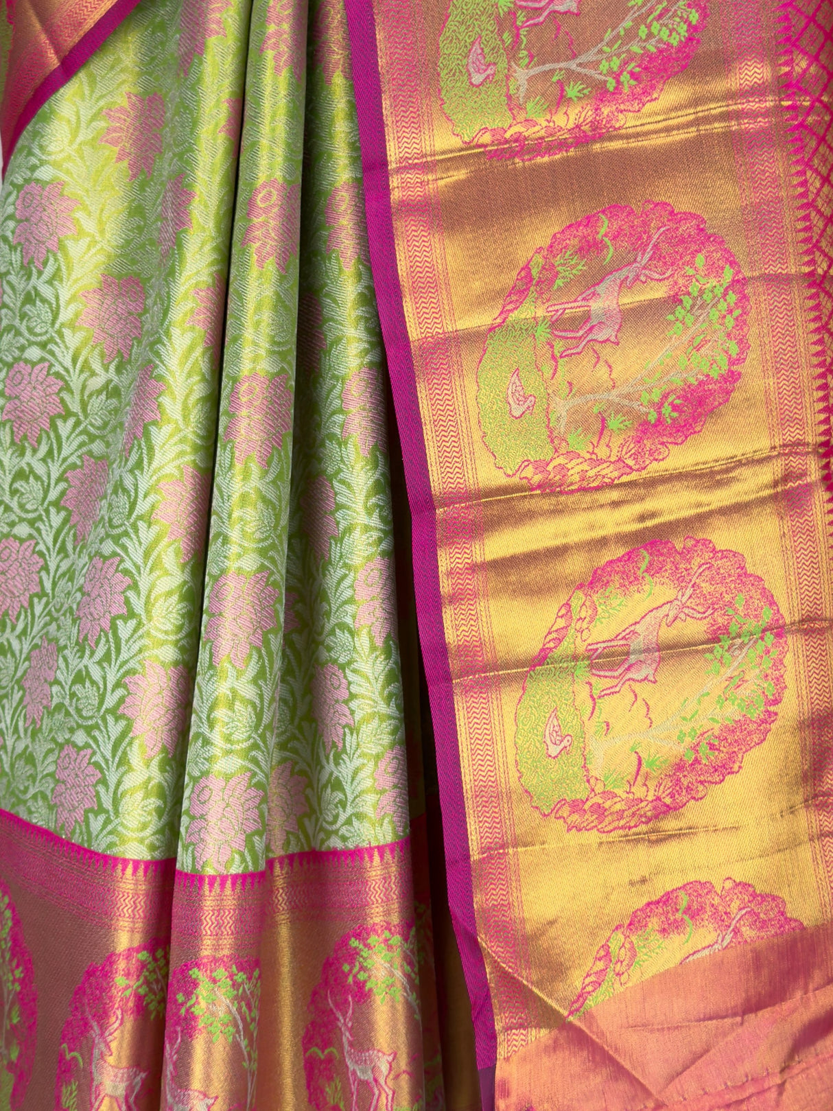 MIMOSA Parrot Green Kanjivaram Art Silk Saree — close-up of railing and saree