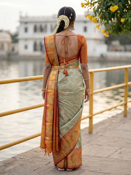 MIMOSA Pista Kanjivaram Art Silk Saree — close-up of model's face and jewelry