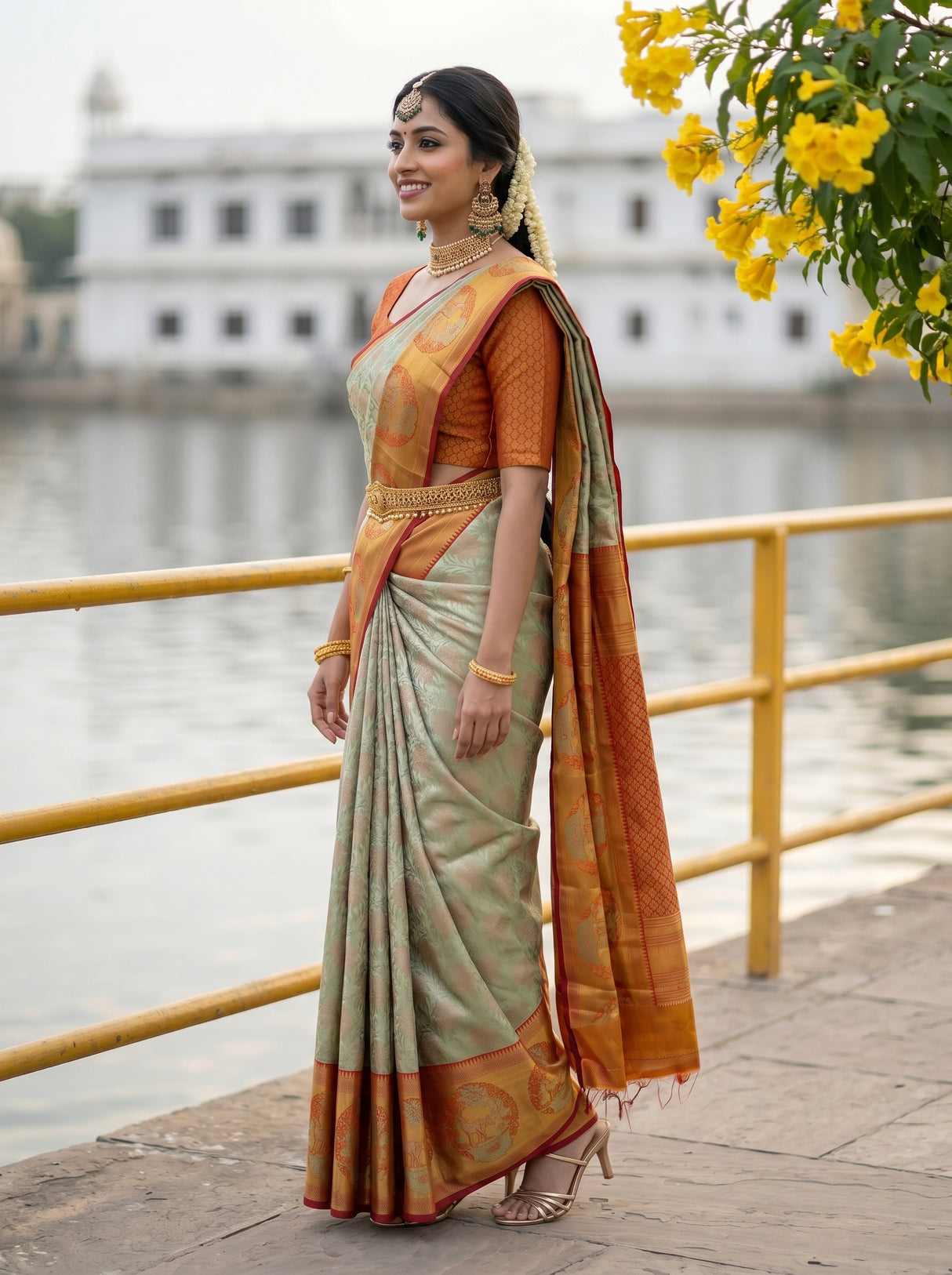 MIMOSA Pista Kanjivaram Art Silk Saree — close-up of model's shoulder and hair