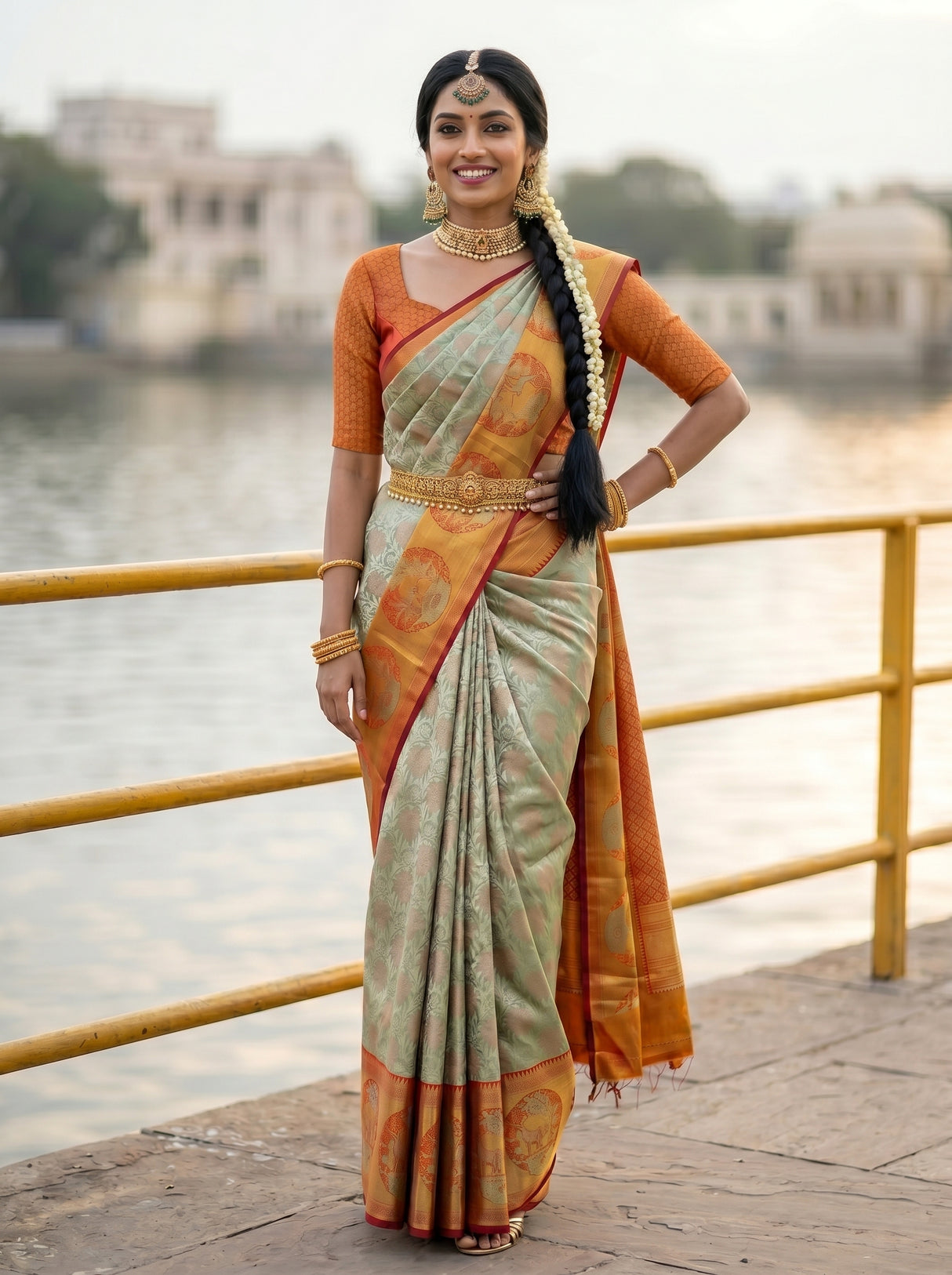 MIMOSA Pista Kanjivaram Art Silk Saree — close-up of model's midsection